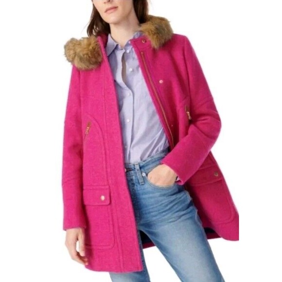 J. Crew Petite Sz 0 Chateau Parka Italian Wool Magenta Pink Hooded Faux Fur Trim